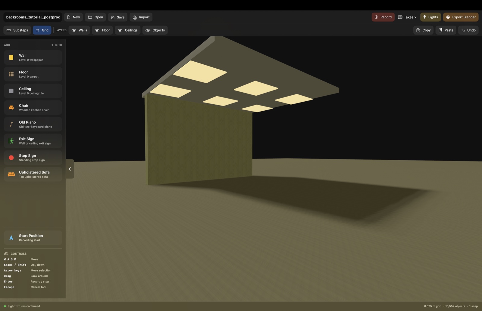 Backrooms Builder showing ceiling lights placed above a wall and floor