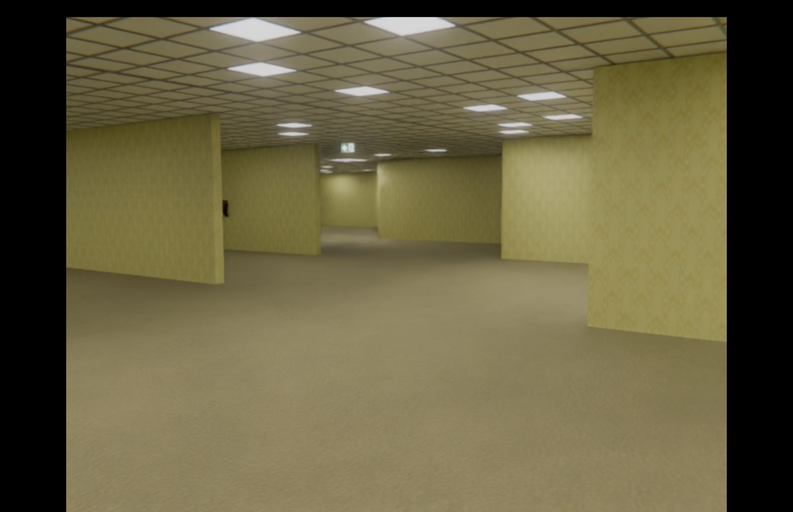 Finished Backrooms maze with yellow walls, carpet, ceiling grid, and fluorescent lights